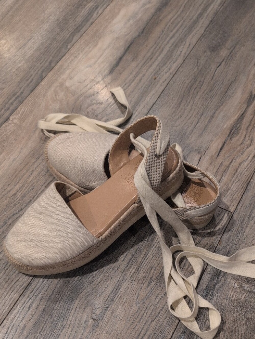 Vince Camuto Cream Woven Espadrille Tie Ankle Flats - Picture 3 of 5